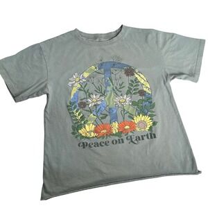 AWAKE Peace On Earth Floral‎ Graphic T-Shirt XS Womens Sage Green
